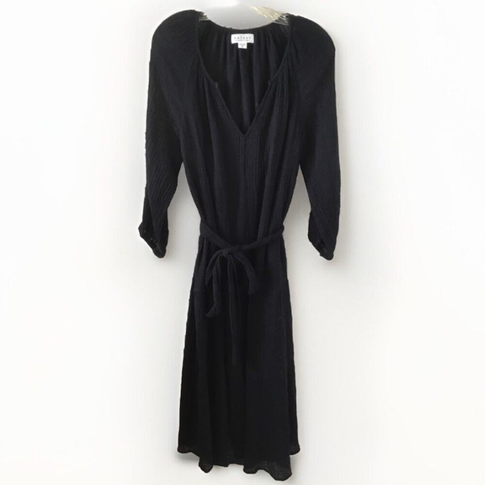 Velvet Dress By Graham & Spencer Gauzy Cotton Midi Black Boho Peasant Size XS